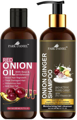 PARK DANIEL Pure and Natural Red Onion Oil & Onion Ginger Shampoo Combo Pack Of 2 bottle of 200 ml(400 ml)(2 Items in the set)