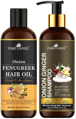 PARK DANIEL Pure and Natural Onion Fenugreek Oil & Onion Ginger Shampoo Combo Pack Of 2 bottle of 200 ml(400 ml)(2 Items in the set)