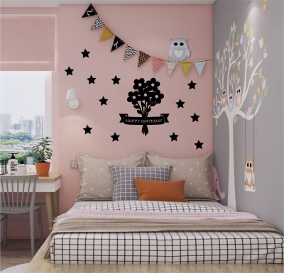 Sticker Hub 64 cm Happy Birthday black flowers and stars wooden cut sticker for birthday party Self Adhesive Sticker(Pack of 12)