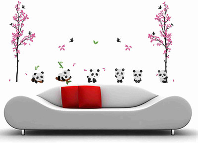 wildartcreation 66 cm Panda With Pink Colourful Tree Wall Sticker Self Adhesive Sticker(Pack of 1)