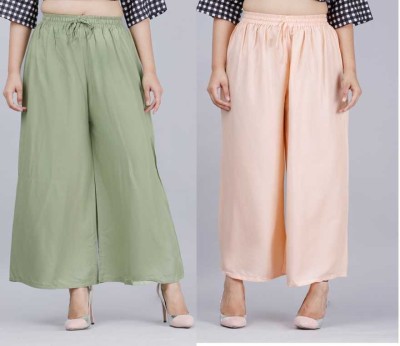 PLAZZO-PAIR Flared Women Light Green, Pink Trousers