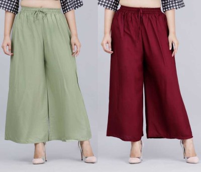 PLAZZO-PAIR Flared Women Light Green, Maroon Trousers