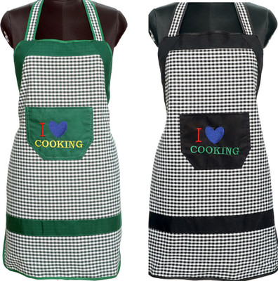 JMI Cotton, Polyester Home Use Apron - Free Size(Black, Green, Pack of 2)