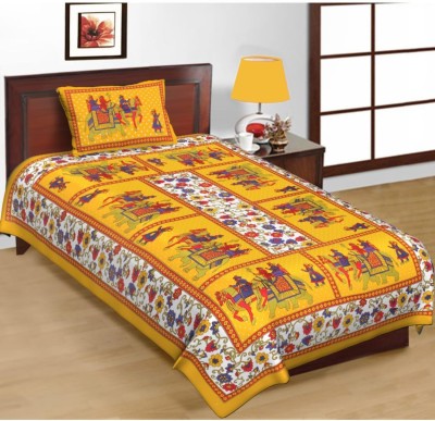 Pink City 144 TC Cotton Single Jaipuri Prints Flat Bedsheet(Pack of 1, Yellow)