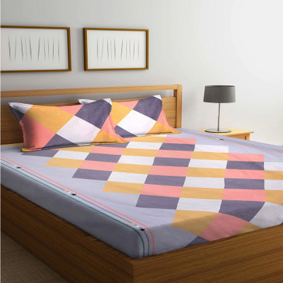 MORADO 200 TC Cotton Double Checkered Flat Bedsheet(Pack of 1, Grey)