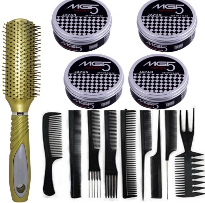 SHAGGY PROFESSIONAL 2800W HOT AND COOL AIR FEATURE CHOABA HAIR DRYER WITH 10 PCS BARBER SALOON COMB AND BASIC ROUND HAIR BRUSH WITH SET OF 4 MG5 HAIR WAX(12 Items in the set)