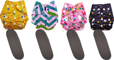 Ambiaim International Infant Baby Reusable Cotton Pocket Diaper And Cotton Insert's Adjustable Washable Wet Free Multicolor - New Born(4 Pieces)