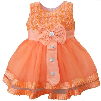 LITTLE PANDA Indi Girls Midi/Knee Length Party Dress(Orange, Sleeveless)