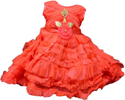 socho samjo Girls Midi/Knee Length Festive/Wedding Dress(Red, Sleeveless)