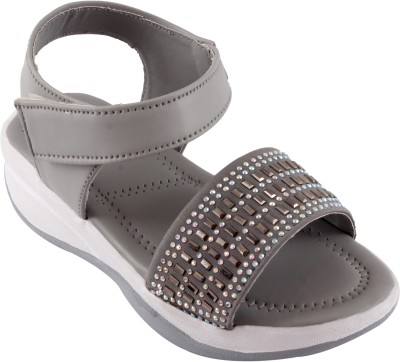 Stepee Girls Velcro Wedges(Grey , 5 - 6 Years)