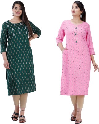 VISHAKHA STYLE Women Printed Straight Kurta(Dark Green, Pink)