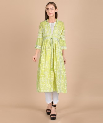 W Women Printed Straight Kurta(Green)