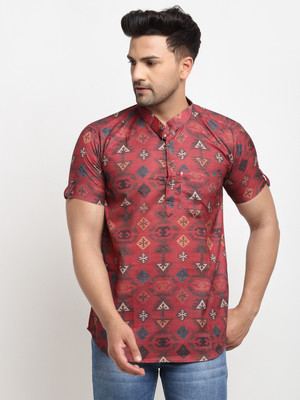 BEN COOPER Men Geometric Print Straight Kurta(Maroon)