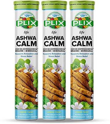 Plix Life Ashwagandha with Bhringraj &amp; Brahmi, 15 Effervescent Tablets, Pack of 3  (3 x 110 g)