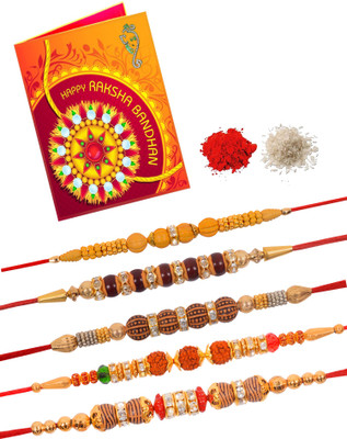 Rakhi Nation Designer Rudraksha Rakhi Beautiful Rakhi Combo Of Rakhi Set 5 For Brother With Greeting Card Roli Chawal Assorted Greeting Card  Set(5 Rakhi 1Greeting Card 1Roli Chawal)
