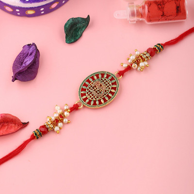 Voylla Religious Om Pearl Enameled Rakhi with Roli Chaawal Pack Mauli Thread Chawal Roli Pack  Set(Pack Of 1)