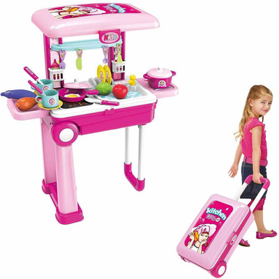 SVE 2 in 1 Little Chef Trolley Kitchen Play Set With Suitcase Trolley Carrycase With Light and Sound for Kids