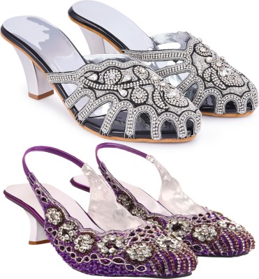 Zionk Women Heels(Purple, Silver, Black , 8)