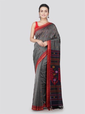 PinkLoom Floral Print Handloom Handloom Pure Cotton Saree(Grey)