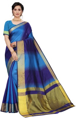 COTTON SILK SAREE Self Design Banarasi Cotton Blend, Cotton Silk Saree(Blue, Dark...
