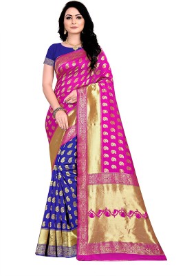 Anjaneya Sarees Woven Banarasi Silk Blend Saree(Blue, Pink)