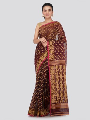 PinkLoom Woven Jamdani Handloom Pure Cotton Saree(Brown)