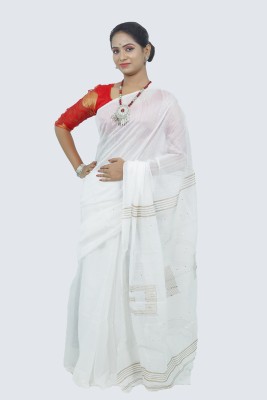 AngaShobha Woven Bollywood Handloom Cotton Blend Saree(White)