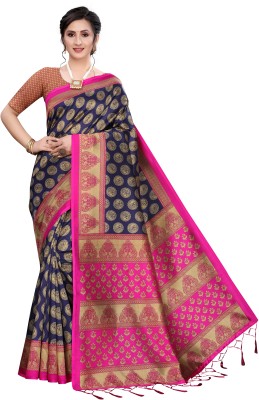 VCREATION Woven Kanjivaram Art Silk Saree(Blue, Pink)