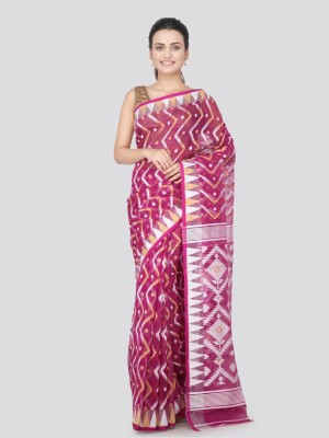 PinkLoom Striped Jamdani Handloom Pure Cotton Saree(Pink)