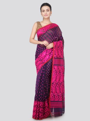 PinkLoom Printed Handloom Handloom Pure Cotton Saree(Blue, Pink)