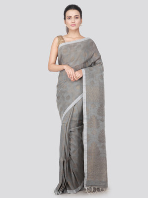 PinkLoom Self Design Handloom Handloom Cotton Linen Saree(Grey)