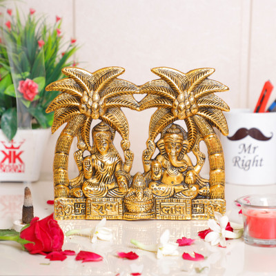 KridayKraft Metal Laxmi Ganesha Statue Under Tree Unique and one of a Kind Rare handicrafted for Pooja & Decor Your Home, Office,Gift Article for Relatives,Religious Idol Showpiece Figurines... Decorative Showpiece  -  17.5 cm(Metal, Gold)