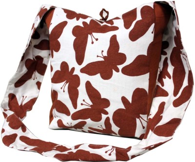 Dekor World Brown, White Sling Bag Cotton Maroon Butterfly Printed Jhola Bag (Pack of 1)