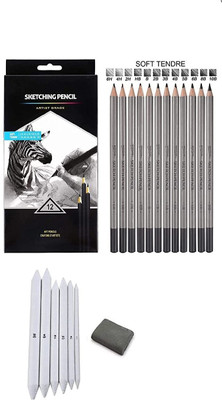 ARTTWALA 12 SHADES GRAPHITE SKETCHING PENCIL SET FOR DRAWING & SHADING , 6PCS BLENDING PAPER STUMPS , 1 PC OF KNEADABLE ERASER COMBO SKETCHING KIT FOR PROFESSIONAL ARTISTS