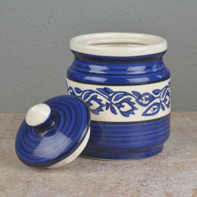 T R Creation Ceramic Pickle Jar  - 700 ml(Blue)