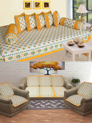 SkyKross Cotton Floral Diwan Set(Yellow)