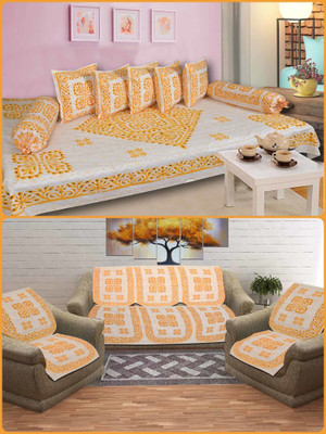 SkyKross Cotton Abstract Diwan Set(Yellow)