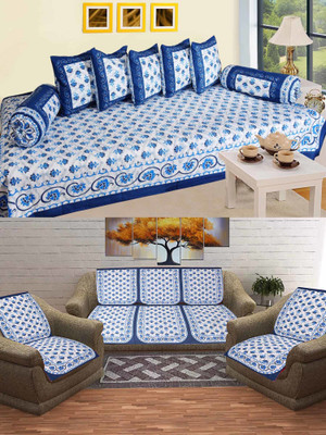 SkyKross Cotton Floral Diwan Set(Blue)