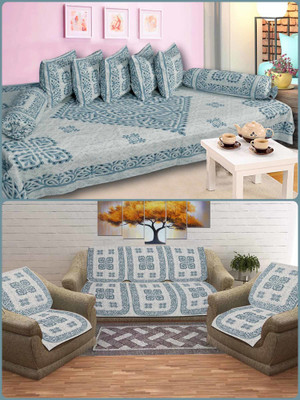 SkyKross Cotton Abstract Diwan Set(Blue)