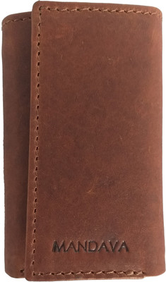 MANDAVA Genuine Leather Unisex Trifold Wallet with Key Case Key Chain