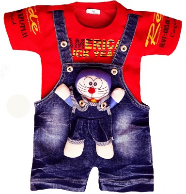 LITTLE PANDA Baby Boys & Baby Girls Party(Festive) Dungaree T-shirt(Red)