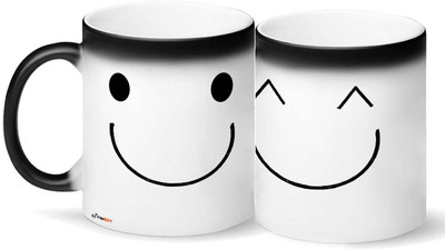 FirseBUY Funny Magics Set of 2, Blushing and Smiling Emoji Cartoon Printed Ceramic Coffee Mug(325 ml, Pack of 2)