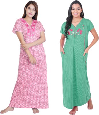 WILDSELF Women Nighty(Pink, Green)