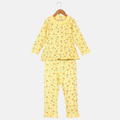 Fit N Fame Girls Printed Yellow Night Suit Set