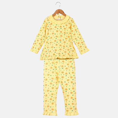 Fit N Fame Girls Printed Yellow Night Suit Set