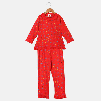 Fit N Fame Girls Printed Red Night Suit Set