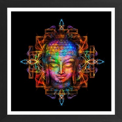 FRIZZY ARTS gautam buddha framed painting | Existential Image of Lord Buddha - digital art collage combined with watercolor in psychedelic colors with tibetan mandala on the background Digital Reprint 13 inch x 13 inch Painting(With Frame)