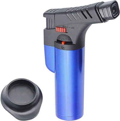 MEZIRE Multipurpose Heavy Double Jet Flame Windproof Lighter For BBQ Parties And Cigar Hukkah Cigarette Use Pocket Size Lighter | Fuel Gas Indicated | On Of Lock System | Adjustable Flame Height | Lighter Stand Perfect Gifting Purpose For Cigarette / Cigar Lovers Pocket Lighter(Blue)