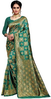 Kimisha Woven Patola Silk Blend Saree(Dark Green)