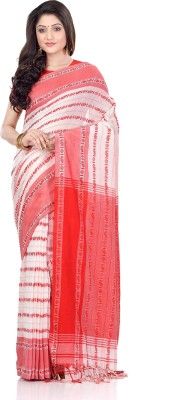 Desh Bidesh Striped Handloom Handloom Pure Cotton Saree(White)